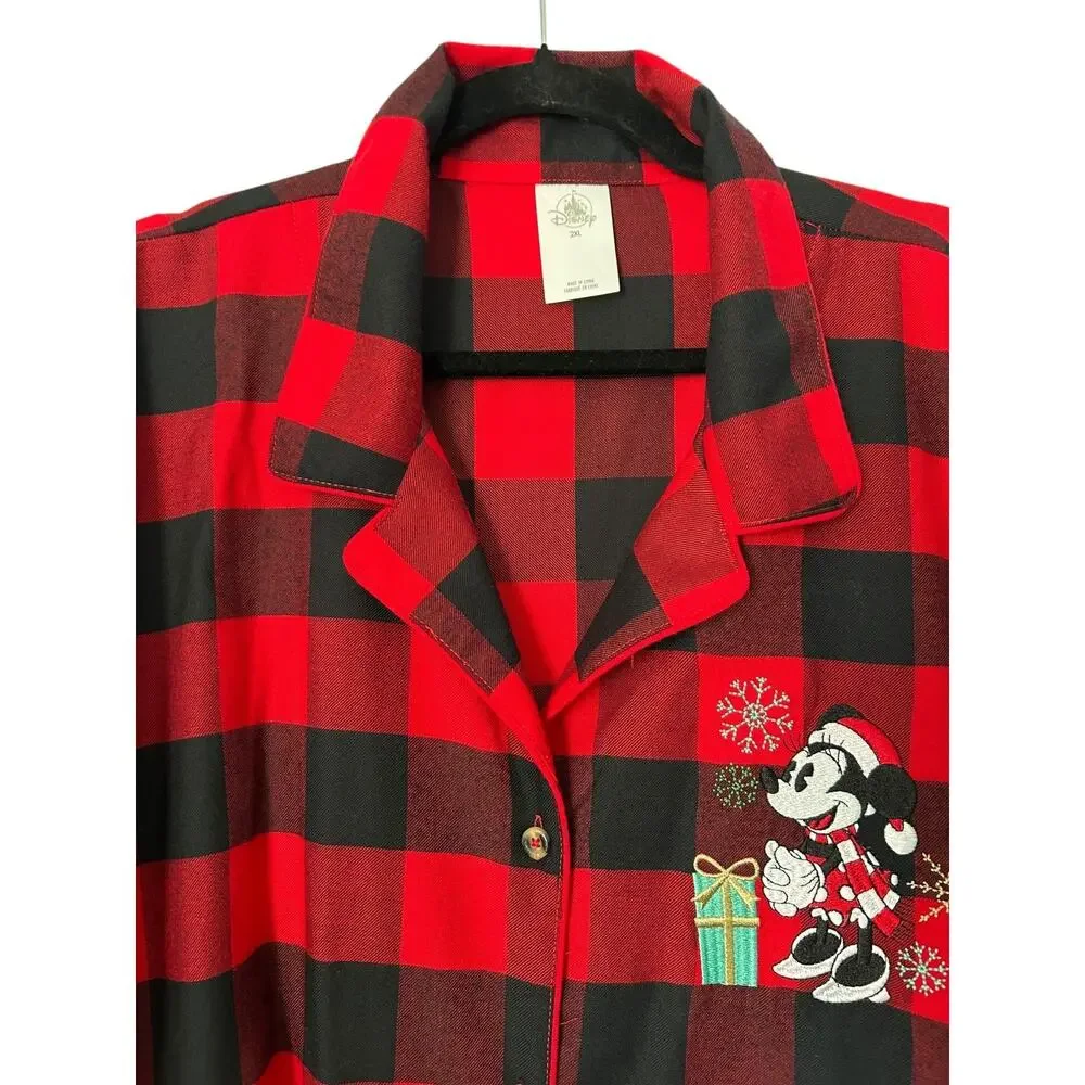 Disney Minnie Mouse Holiday Nightshirt 2X Red Black Buffalo Check Plaid Flannel - Picture 2 of 13
